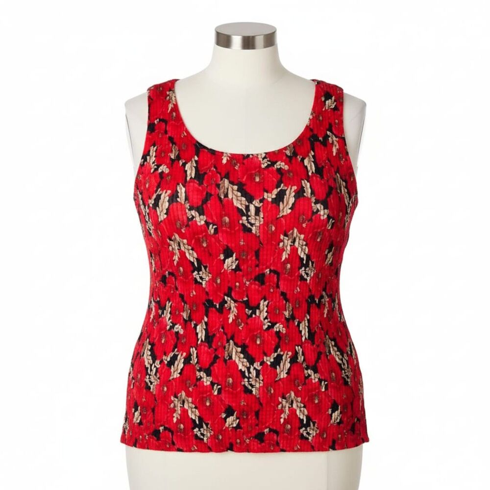 Notations Red Floral Fall Leaf Crinkly Plisse Stretchy Sleeveless Tank Top Sz 1X
